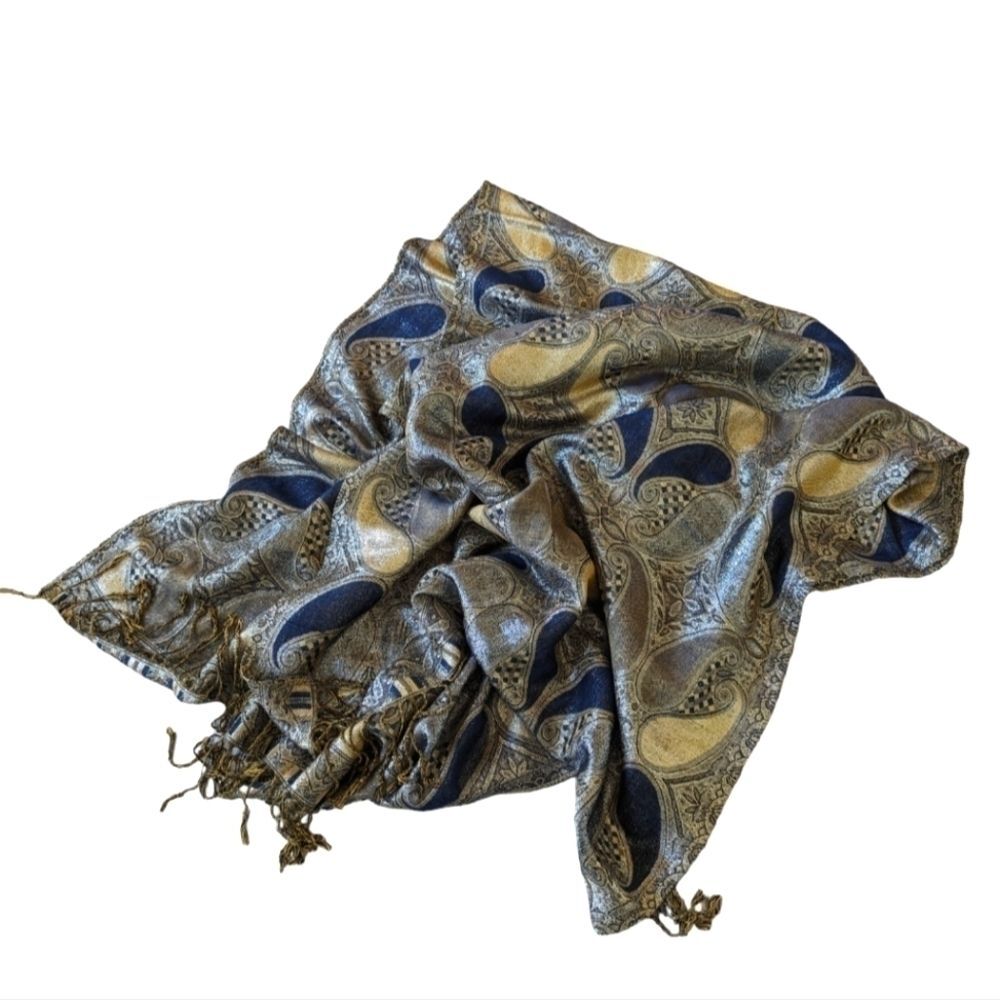 😃Pashmina wrap scarf blue and gold with fringe
